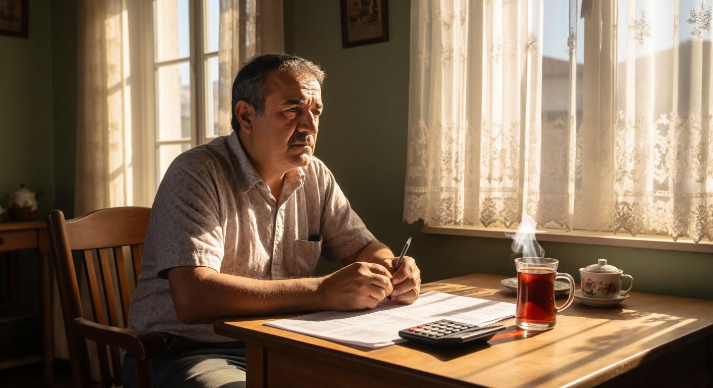 A middle-aged Turkish worker in a casual shirt sits at a wooden table with a calculator and a steaming cup of çay, looking thoughtfully at a printed pension document while sunlight streams through a window with lace curtains.