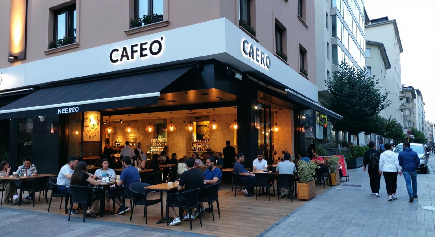 A bustling street in Şişli, Istanbul, with a modern Caffe Nero storefront featuring warm lighting, people sipping coffee at outdoor tables, and the lively urban backdrop of tall buildings and passing pedestrians.