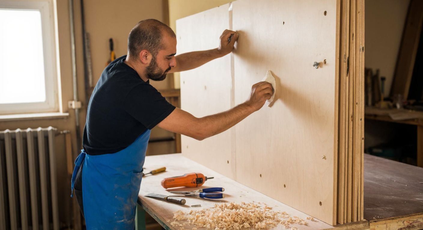 A Turkish carpenter in a workshop carefully securing an MDF panel to a wall using both adhesive and screws, with tools and wood shavings scattered on a sturdy workbench nearby.