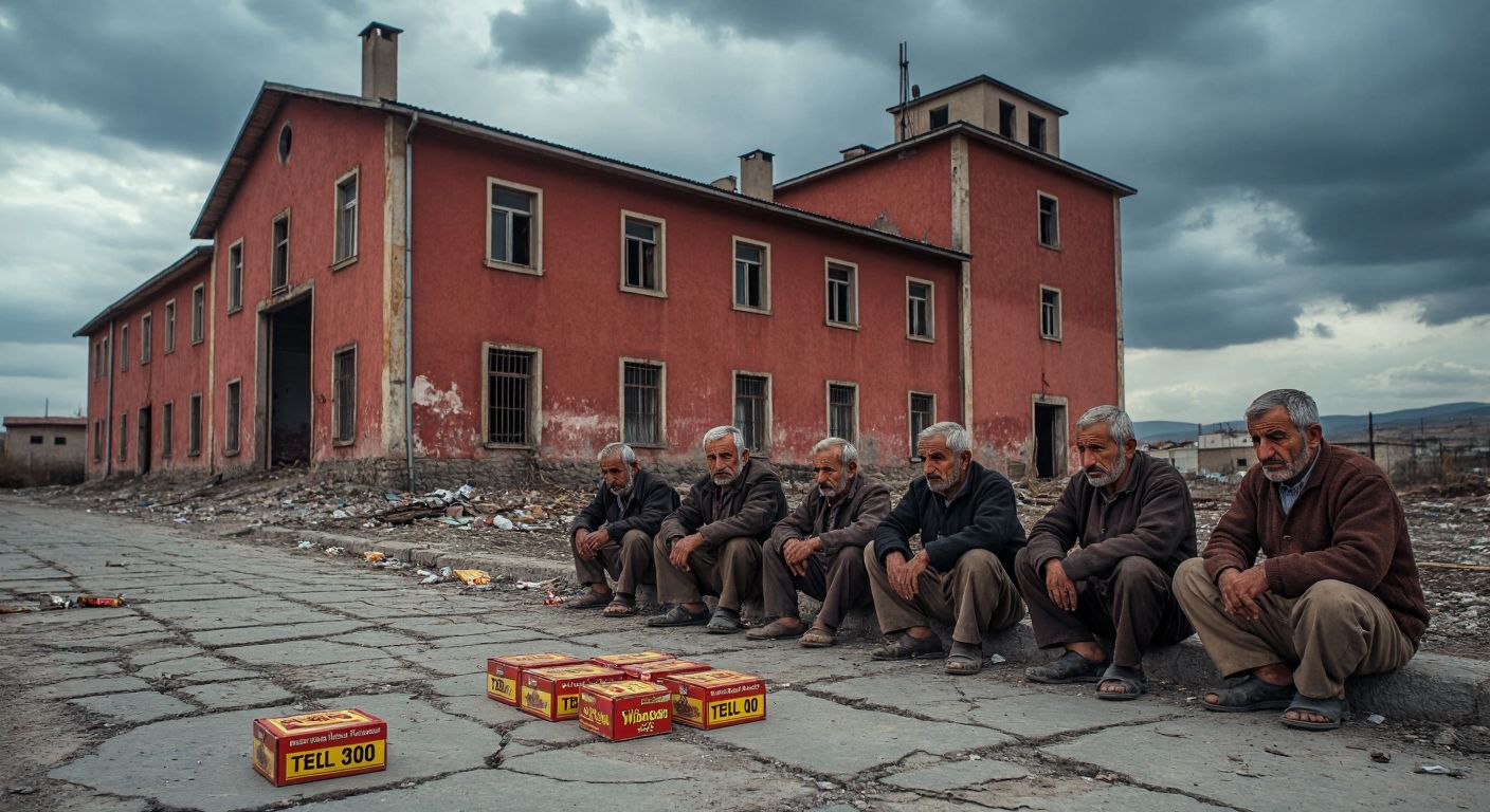 A weathered Turkish tobacco factory with faded red walls stands abandoned under a cloudy sky, surrounded by empty cigarette packs labeled "Tekel 3000" scattered on cracked pavement, while a group of elderly farmers in traditional şalvar pants sit nearby with slumped shoulders and resigned expressions.