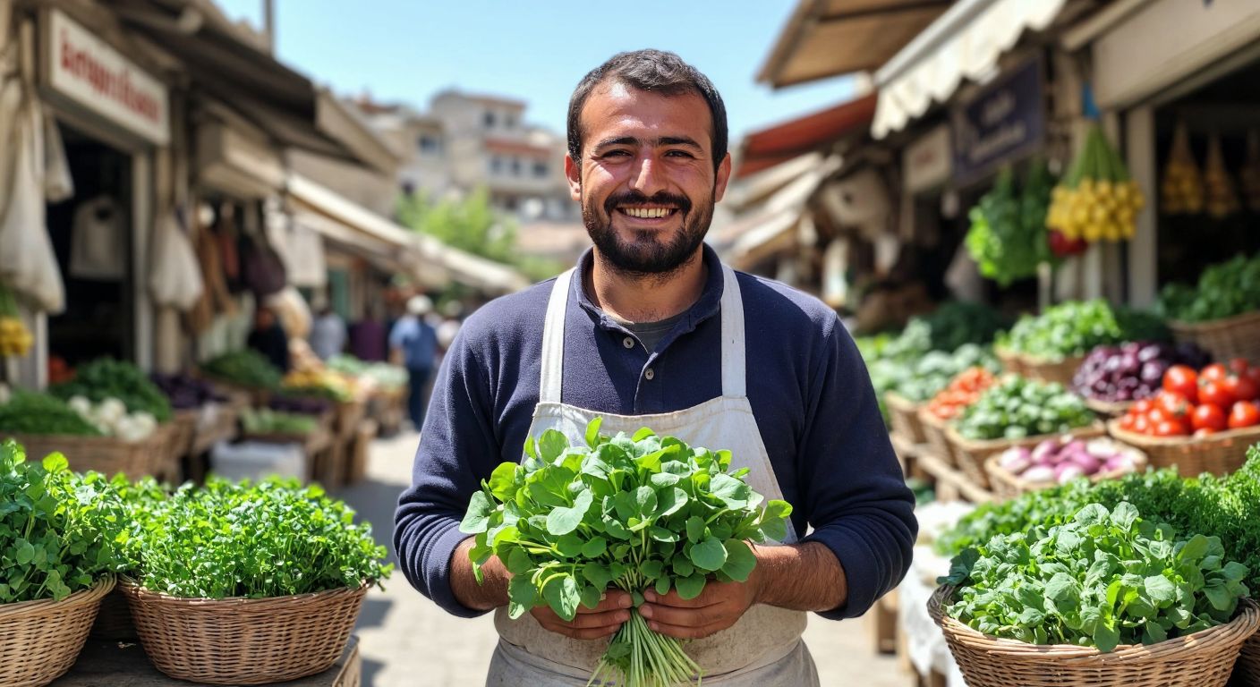 A cheerful Turkish farmer in a sunlit outdoor market, proudly holding a fresh bundle of watercress (tere) with vibrant green leaves, surrounded by baskets of fresh herbs and vegetables.