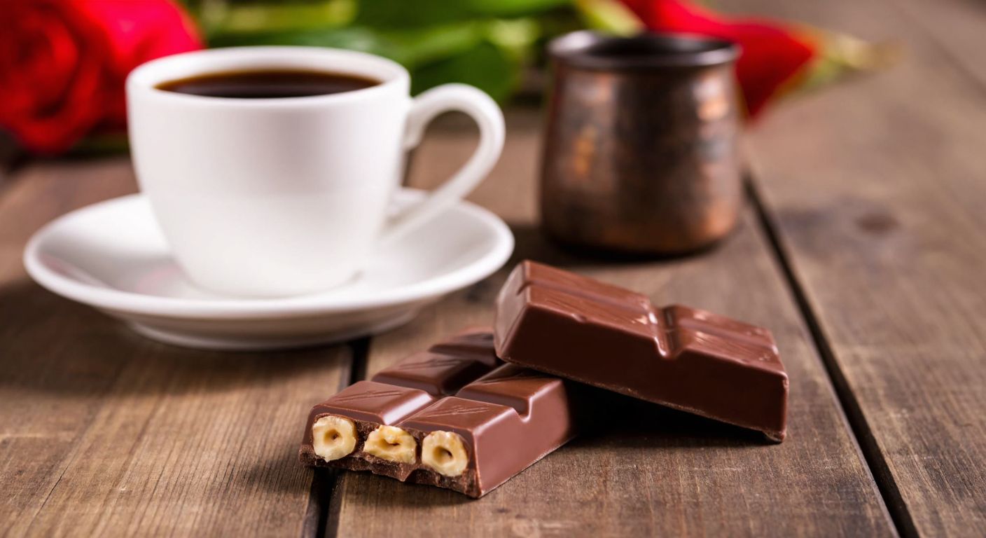 A close-up of a glossy, rich hazelnut-filled milk chocolate bar from Kahve Dünyası, resting on a rustic wooden table beside a steaming cup of Turkish coffee.