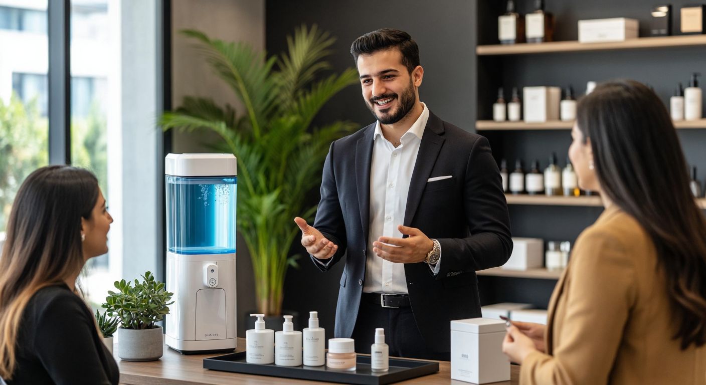 A well-dressed Turkish salesperson in a modern office enthusiastically presenting luxury watches, skincare products, and a water purifier to a diverse group of attentive potential customers.
