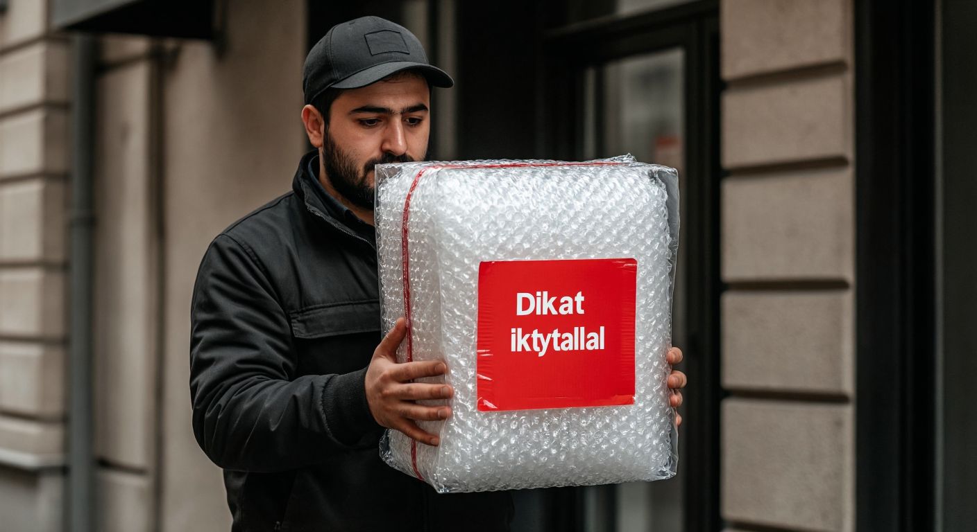 A Turkish delivery worker carefully carrying a fragile glass vase wrapped in bubble wrap, with a bright red "Dikkat Kırılır" label prominently displayed on the package, conveying caution and care.