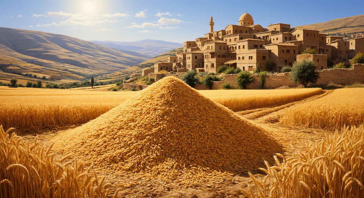 A golden pile of bulgur wheat in a sunlit Mardin field, with traditional stone houses and rolling hills in the background, evoking pride and tradition.