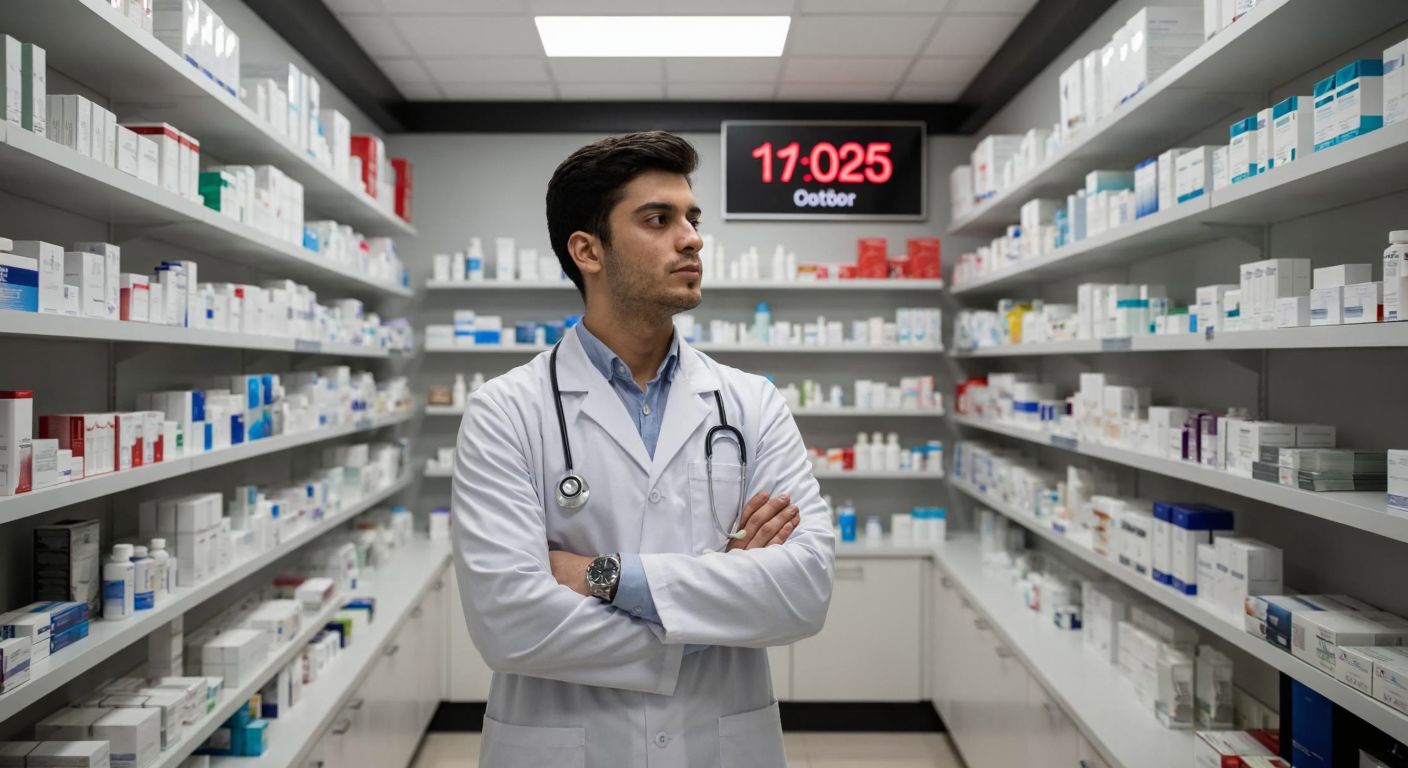 A young pharmacist in a white coat stands thoughtfully in a modern Turkish pharmacy, surrounded by shelves of medicines, while a calendar on the wall shows October 2025 with the 11th circled in red.