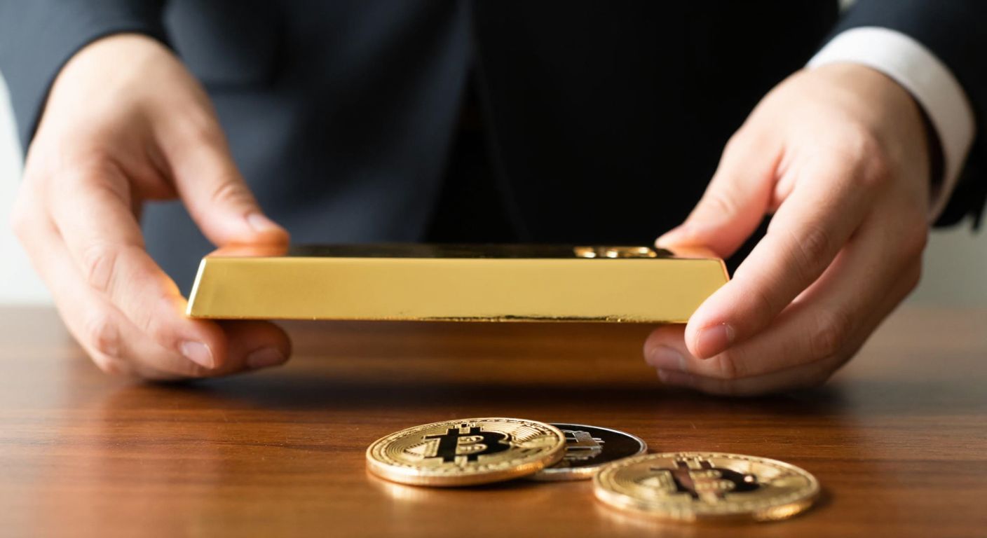 A Turkish investor's hands carefully balancing a gleaming gold bar and a digital Bitcoin coin on a wooden table, symbolizing portfolio diversification.