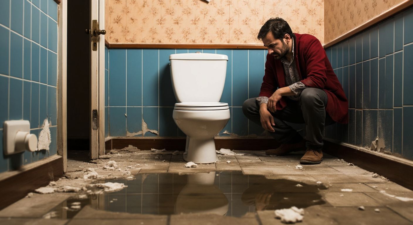 A cracked toilet with water pooling on a tiled bathroom floor, surrounded by damp walls and a frustrated homeowner in traditional Turkish home attire inspecting the damage.