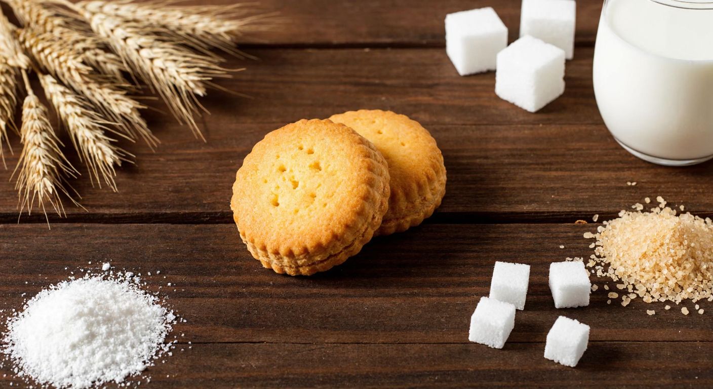 A golden-brown Haylayf Mini biscuit sits on a rustic wooden table, surrounded by small piles of wheat flour, sugar cubes, and a drizzle of palm oil, with a glass of milk nearby.