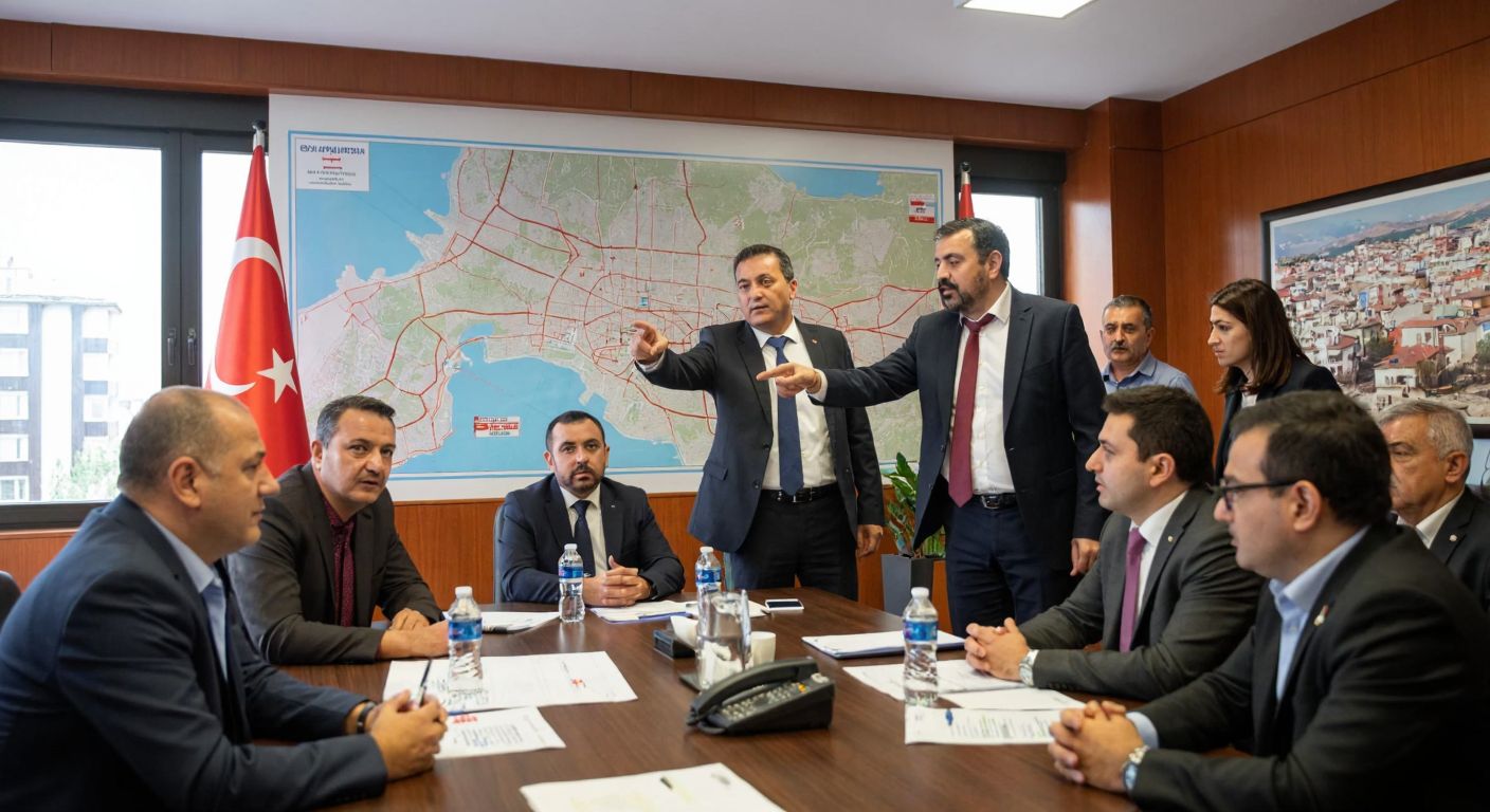 A group of determined Turkish municipal officials in a meeting room, pointing at a large map of their city while discussing resource allocation, with emergency responders visible through the window preparing for a disaster drill.