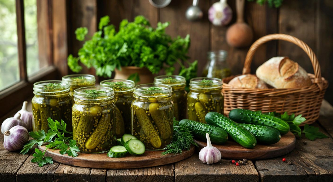 A rustic wooden table in a Turkish kitchen holds glass jars of Kühne pickles—bright green Gewürzgurken with mustard seeds, Ege-style kornişon with dill and bay leaves, and spicy Turkish-style cucumbers with garlic—surrounded by fresh herbs and a woven basket of crusty bread.
