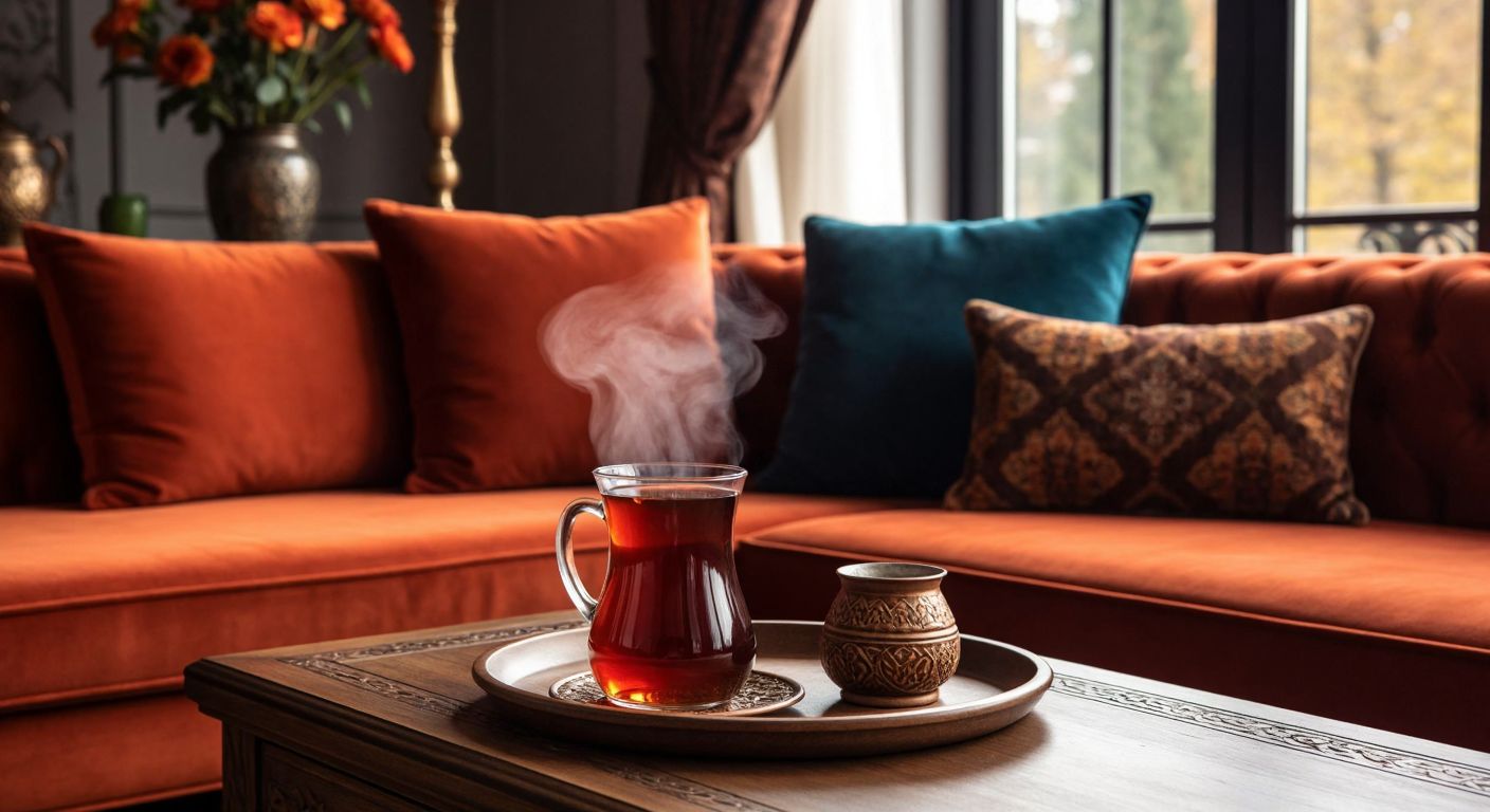A cozy Turkish living room with a plush, ergonomic tea set sofa in warm earthy tones, adorned with thick cushions, where a steaming glass of çay sits on a small wooden tray nearby, evoking comfort and elegance.