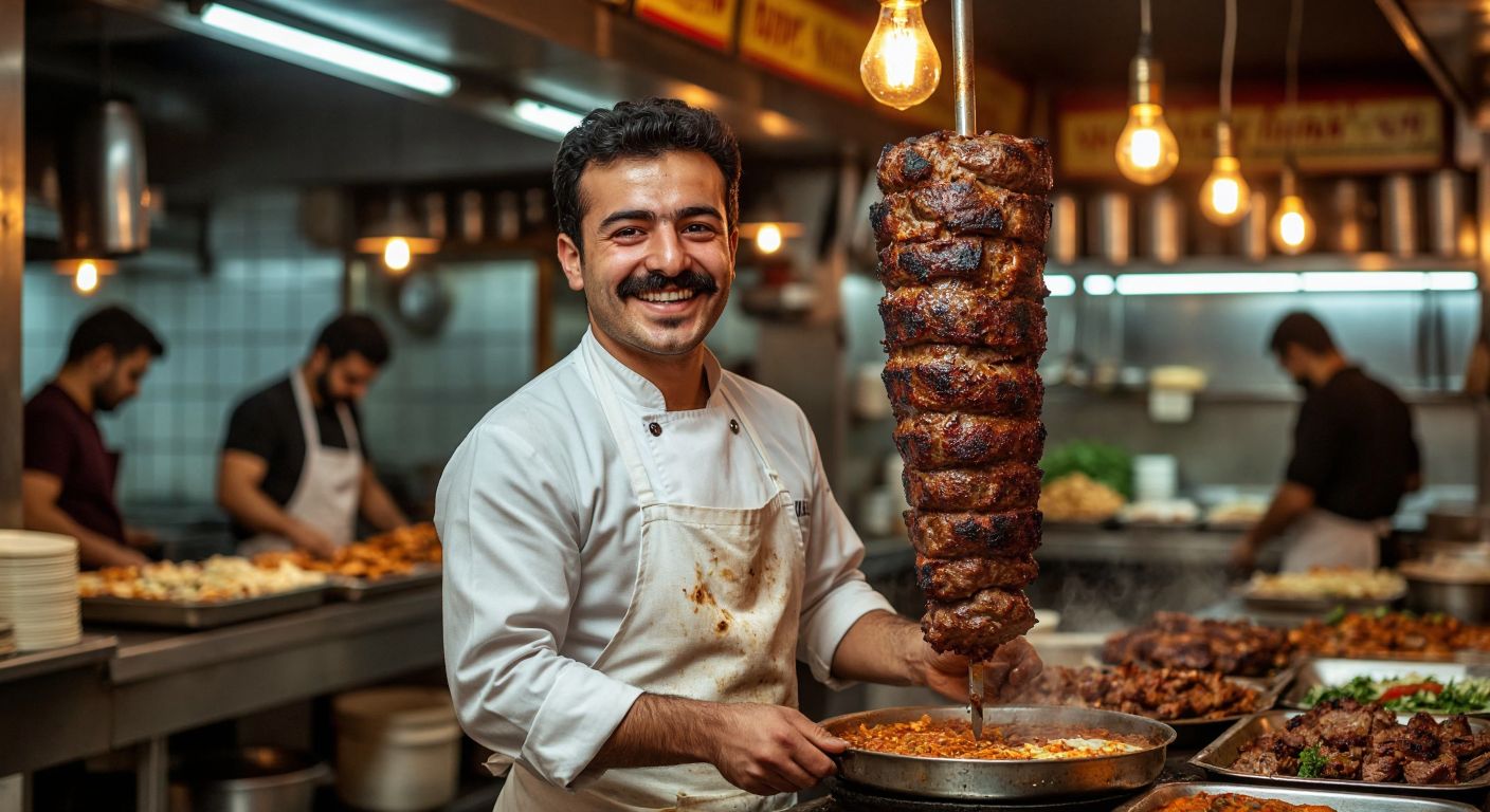 A smiling, mustachioed man in a white apron stands proudly behind a sizzling vertical döner kebab, surrounded by the warm glow of a bustling Turkish eatery.