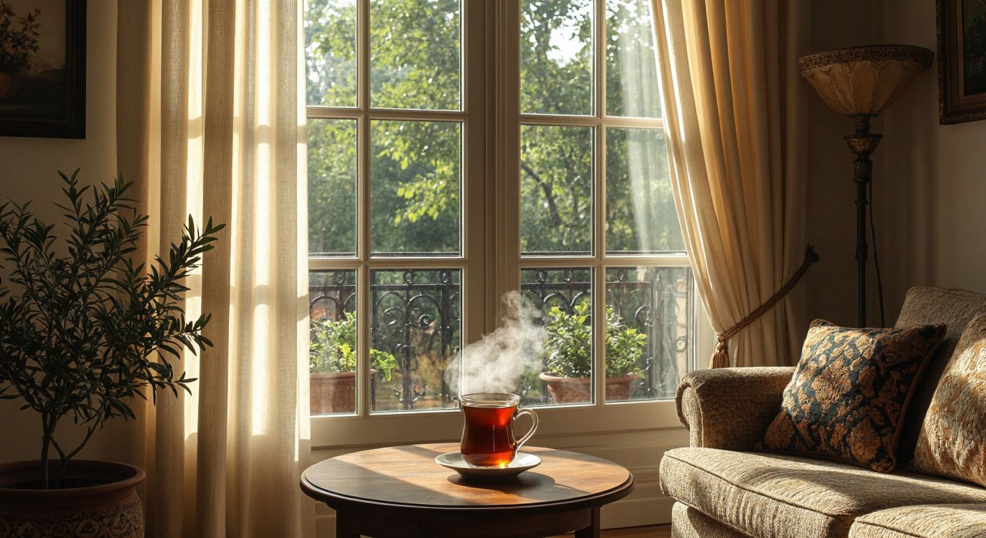A cozy Turkish living room with thick, elegant thermal-lined curtains drawn over a large window, filtering soft sunlight while a steaming cup of çay sits on a wooden table, evoking warmth and energy efficiency.