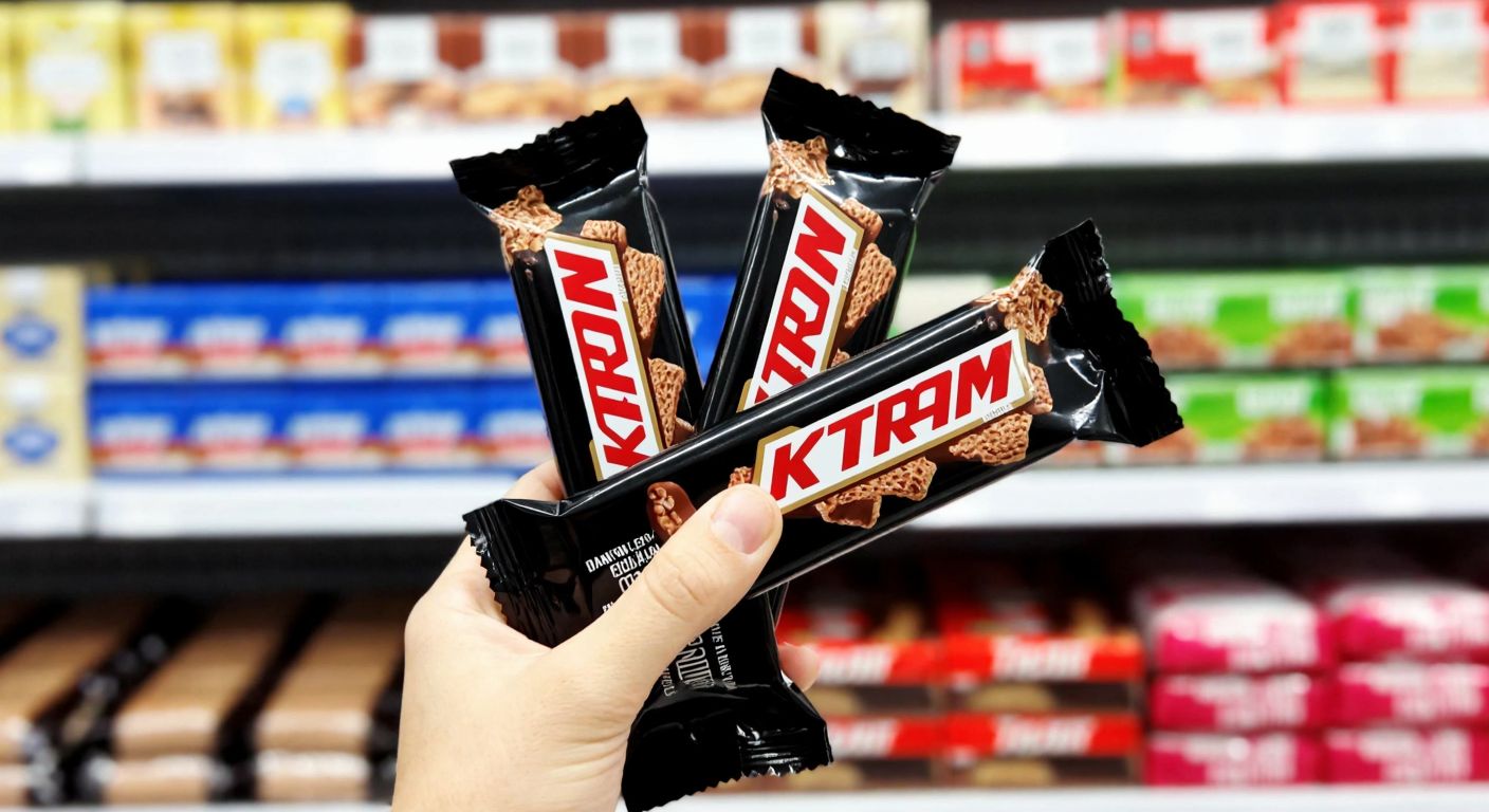 A hand holding three individually wrapped Eti Karam wafer bars against a backdrop of a Turkish grocery store shelf.
