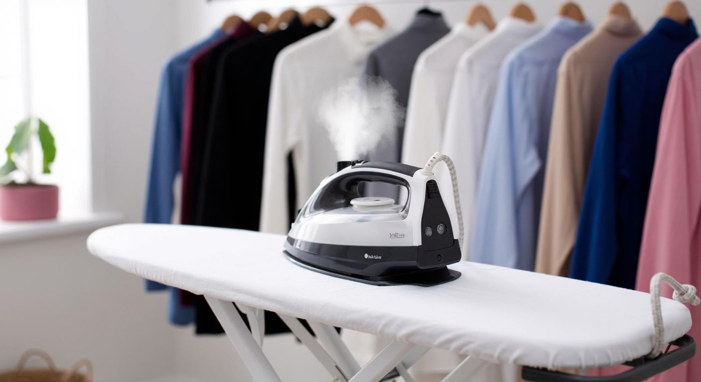 A sleek, modern ironing board with a steaming iron placed on top, set in a bright Turkish home laundry room with neatly folded clothes in the background.