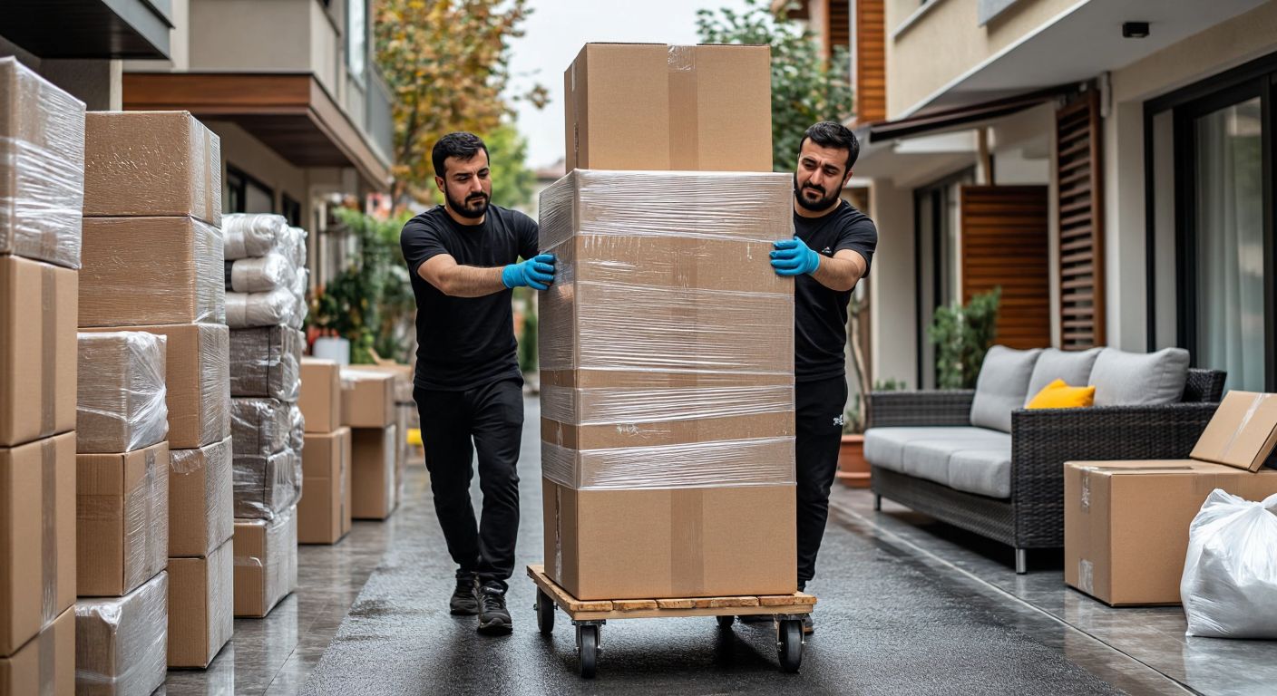 A bustling Turkish home moving scene with stacked cardboard boxes wrapped in bubble wrap, a dolly loaded with furniture secured by moving straps, workers in gloves carrying a couch with corner protectors, and vacuum-sealed clothing bags nearby.