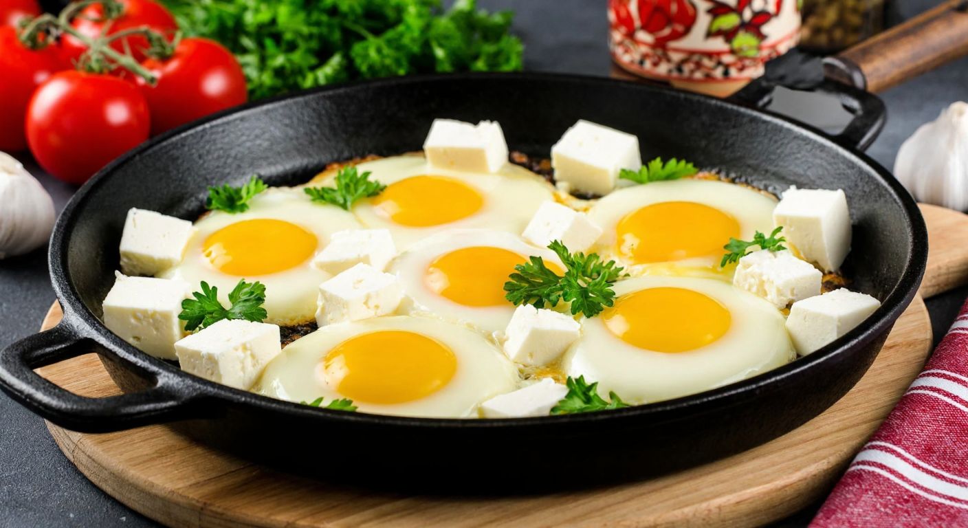 A sizzling cast-iron pan with golden-yolked eggs and melted chunks of white cheese (beyaz peynir) and aged kaşar, garnished with fresh parsley, set against a rustic Turkish kitchen backdrop.