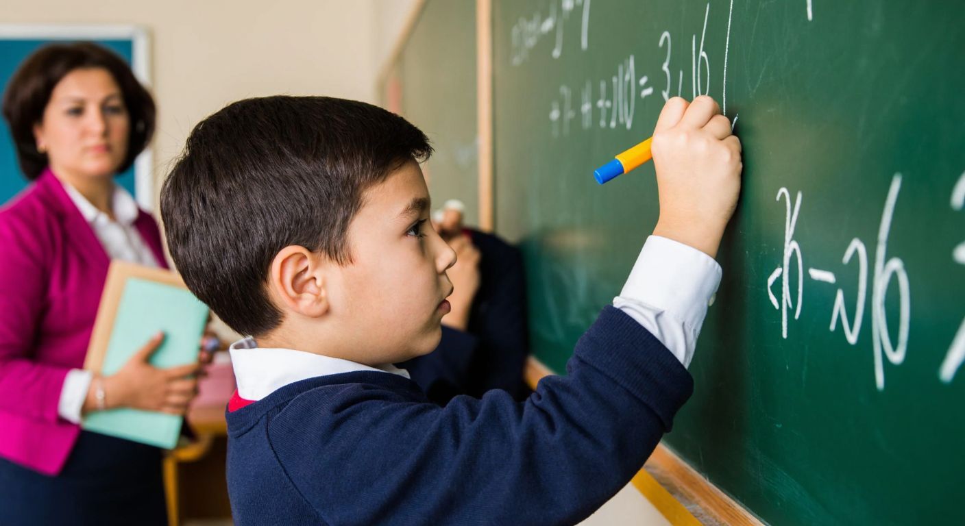 A young student in a Turkish classroom, wearing a school uniform, intently writes mathematical equations on a chalkboard, with a focused expression and a teacher nodding approvingly in the background.