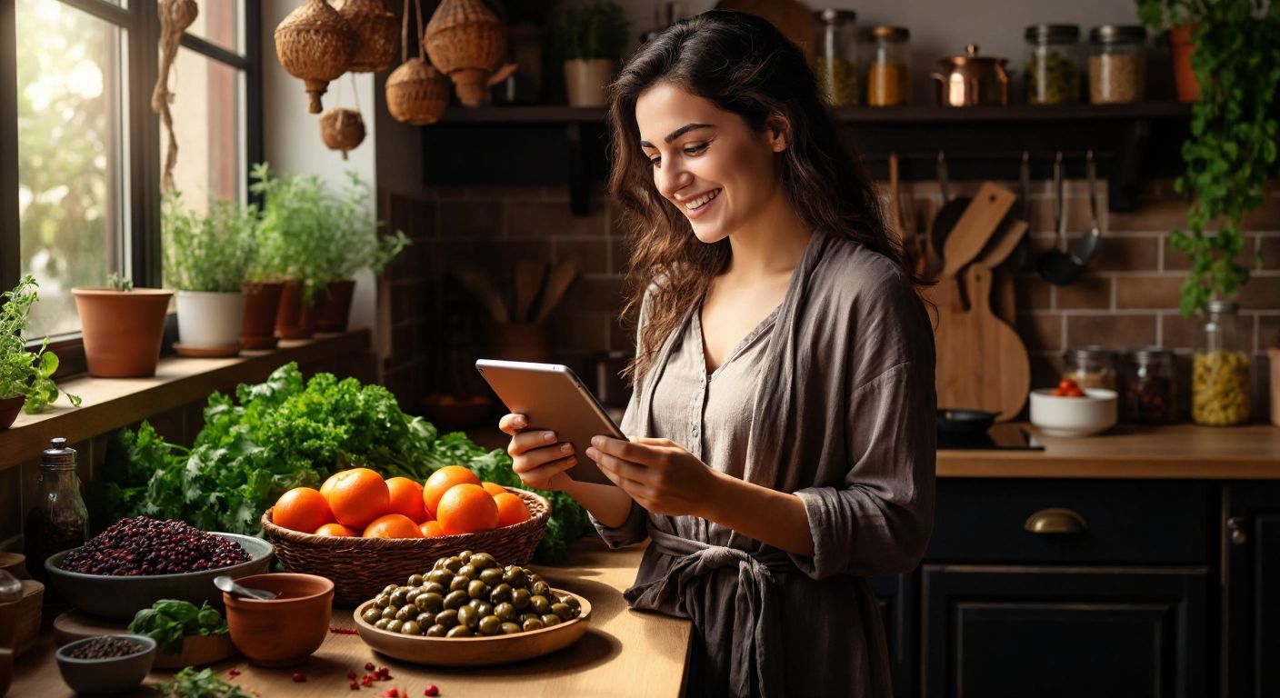 A cheerful Turkish woman in a modern kitchen smiles while browsing a tablet, surrounded by fresh groceries and traditional Turkish ingredients like olives and spices.