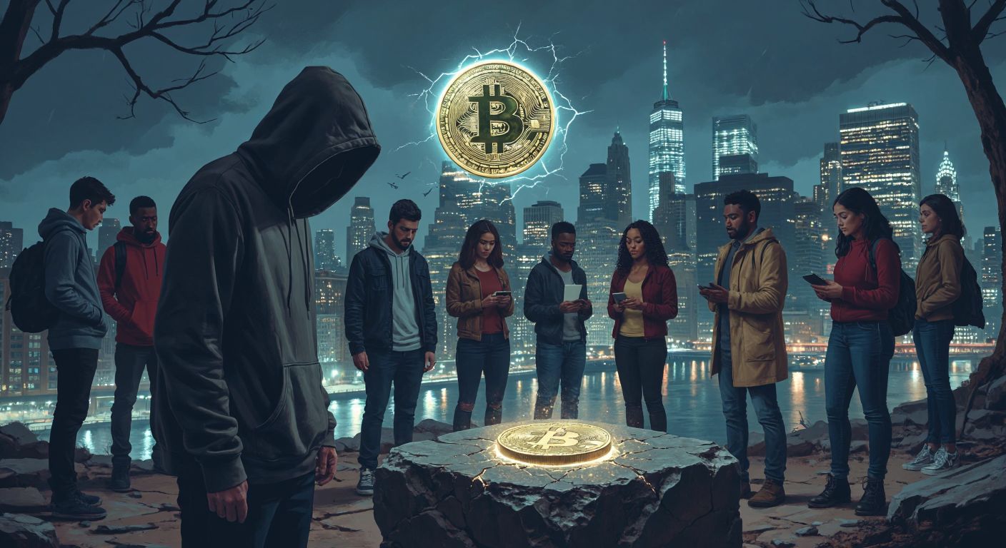 A shadowy figure in a hoodie stands beside a glowing digital coin floating over a cracked stone tablet labeled "myths," while a group of diverse people in modern clothing examine transparent wallets filled with shimmering coins under a dimly lit city skyline.