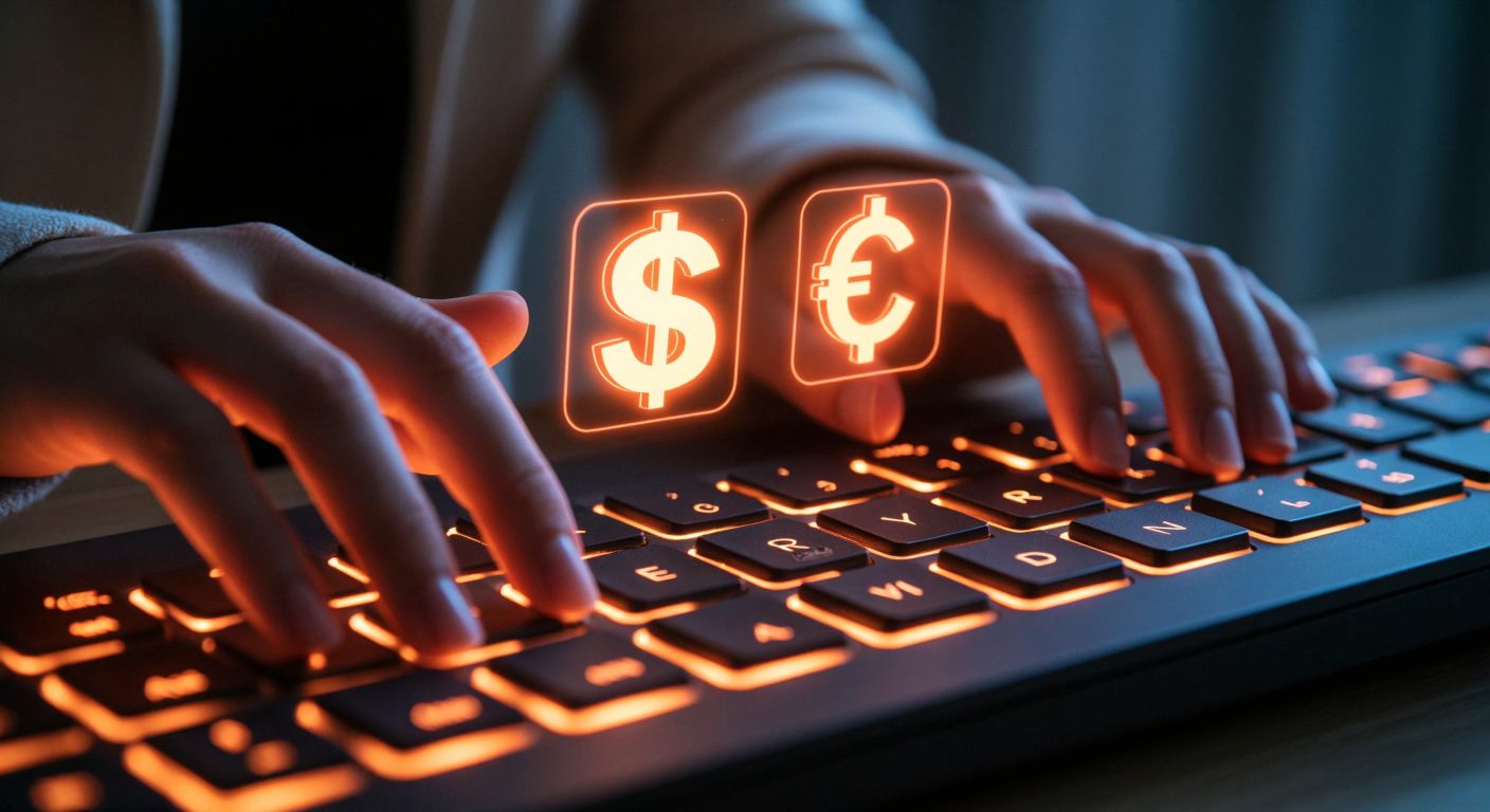 A person’s hands hovering over a keyboard with highlighted keys (Alt Gr, 4, Shift, Option) and a faint glow around the dollar ($) and euro (€) symbols floating above the keys.