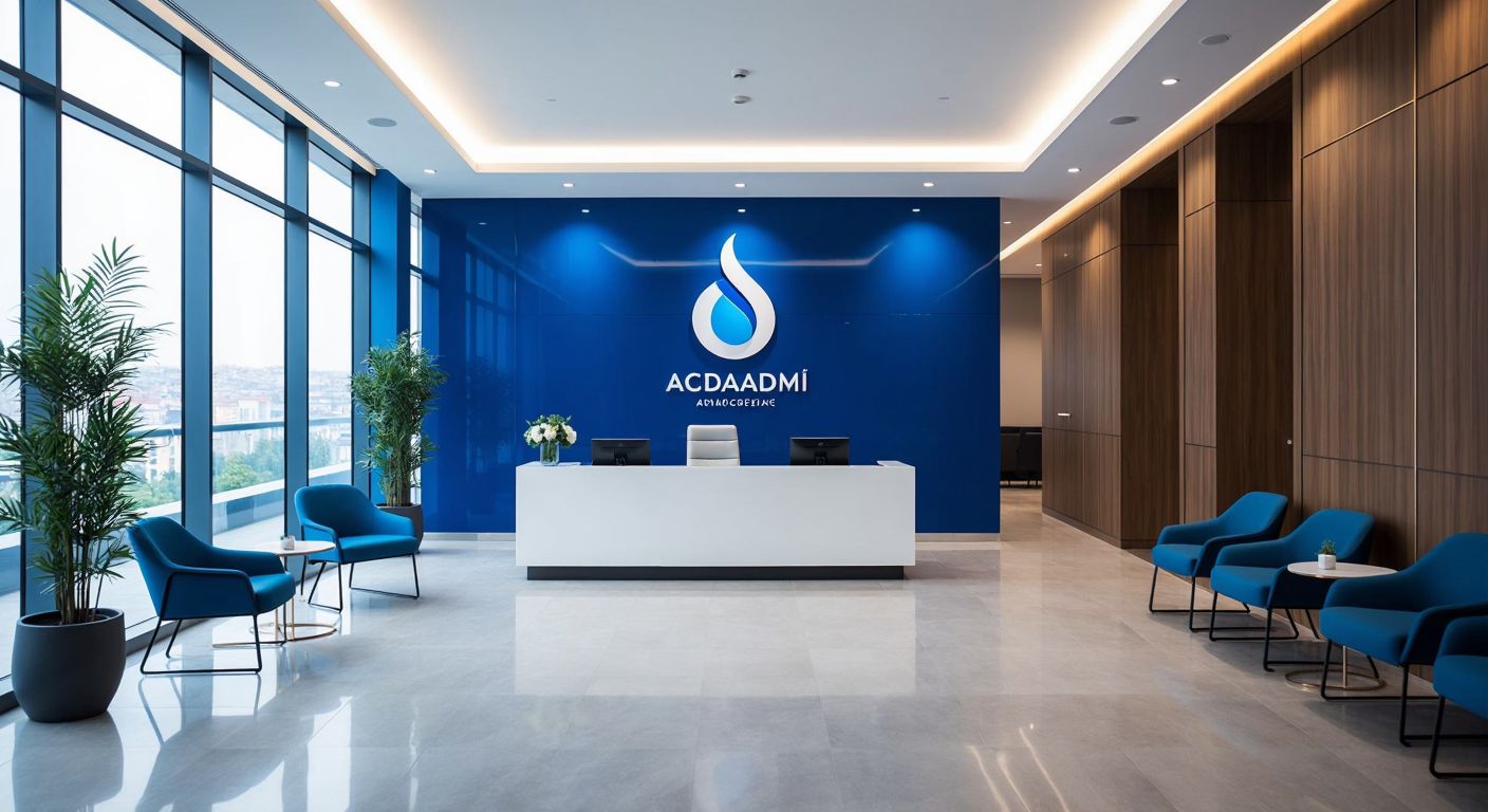 A sleek, modern insurance office in Istanbul with a large, newly installed logo featuring a fusion of Turkish and British design elements, symbolizing the merger between Acıbadem and Bupa.