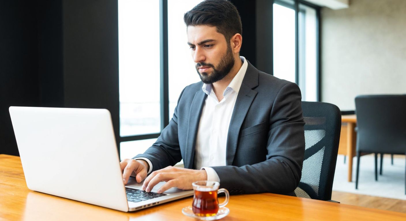 A focused Turkish man in a professional suit sits at a wooden desk in a modern office, browsing a laptop with a determined expression, while a steaming cup of Turkish tea rests beside him.