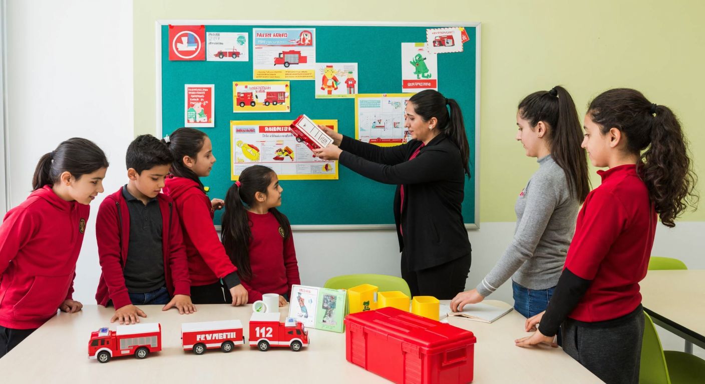 A group of Turkish students and a teacher collaboratively arranging a colorful bulletin board with safety-themed posters, miniature fire trucks, and first aid kits in a bright classroom.