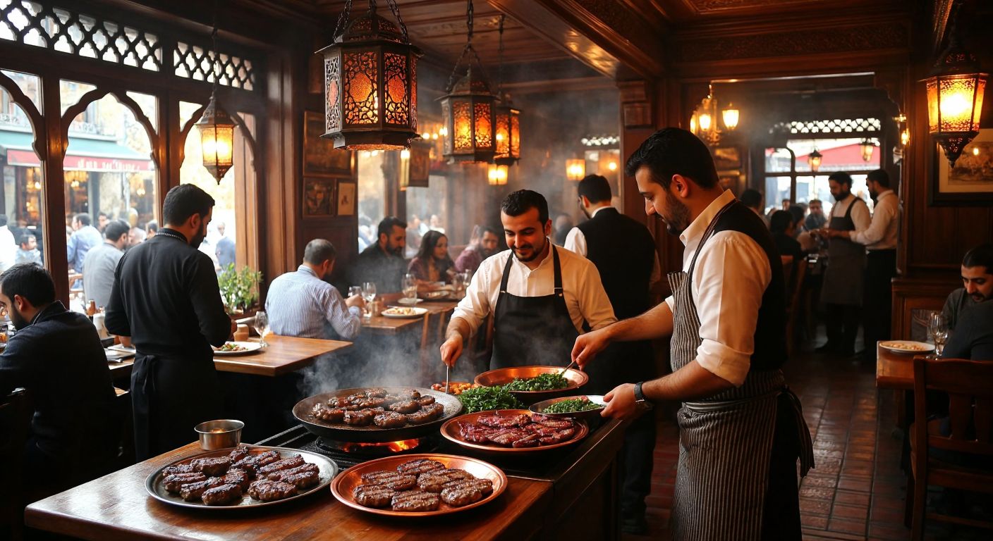 A bustling traditional Turkish restaurant in Sultanahmet, with waiters serving sizzling köfte on copper plates to cheerful diners seated at wooden tables, surrounded by warm lantern light and the aroma of grilled meat.