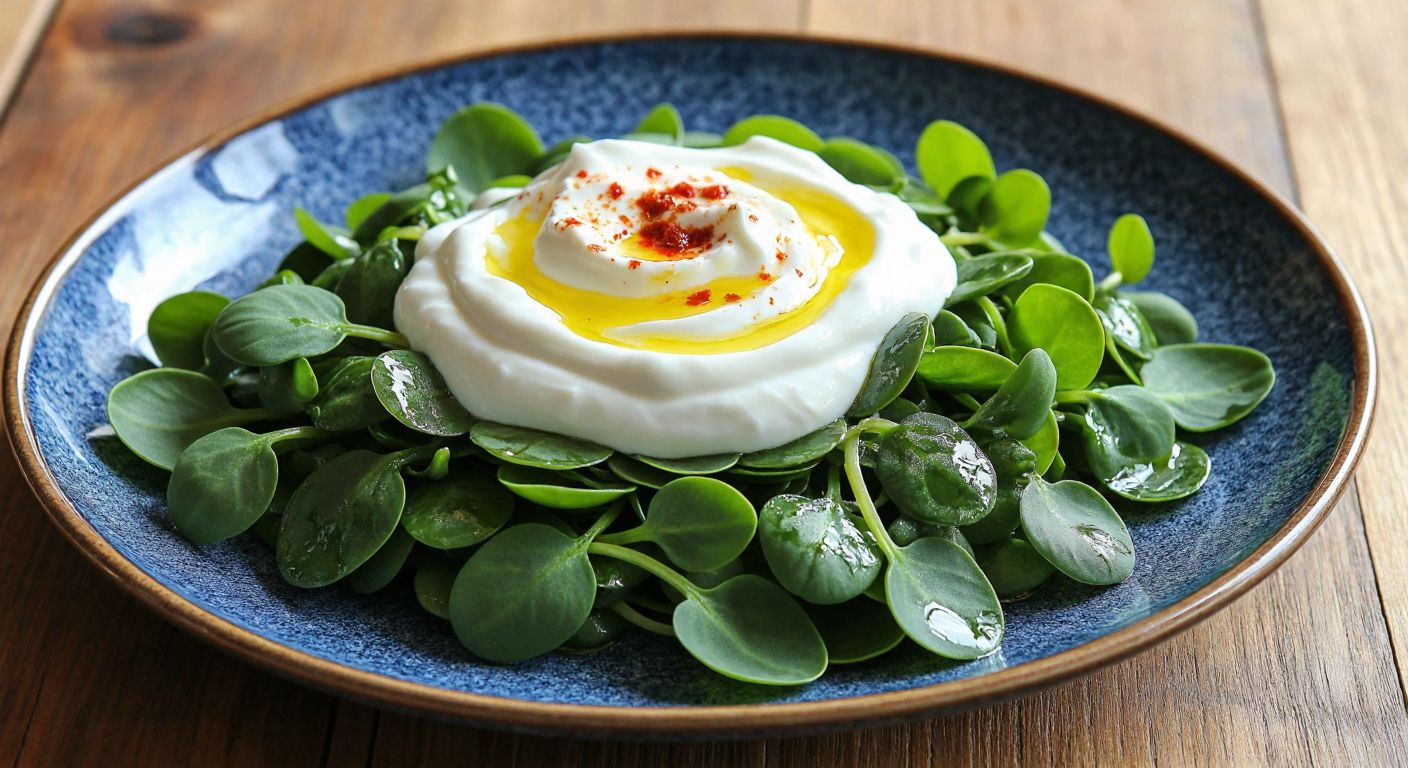 A vibrant plate of fresh *semiz otu* (purslane) topped with a generous dollop of thick, creamy *süzme yoğurt*, garnished with a drizzle of golden olive oil and a sprinkle of red pepper flakes, set against a rustic wooden table in a sunlit Turkish kitchen.