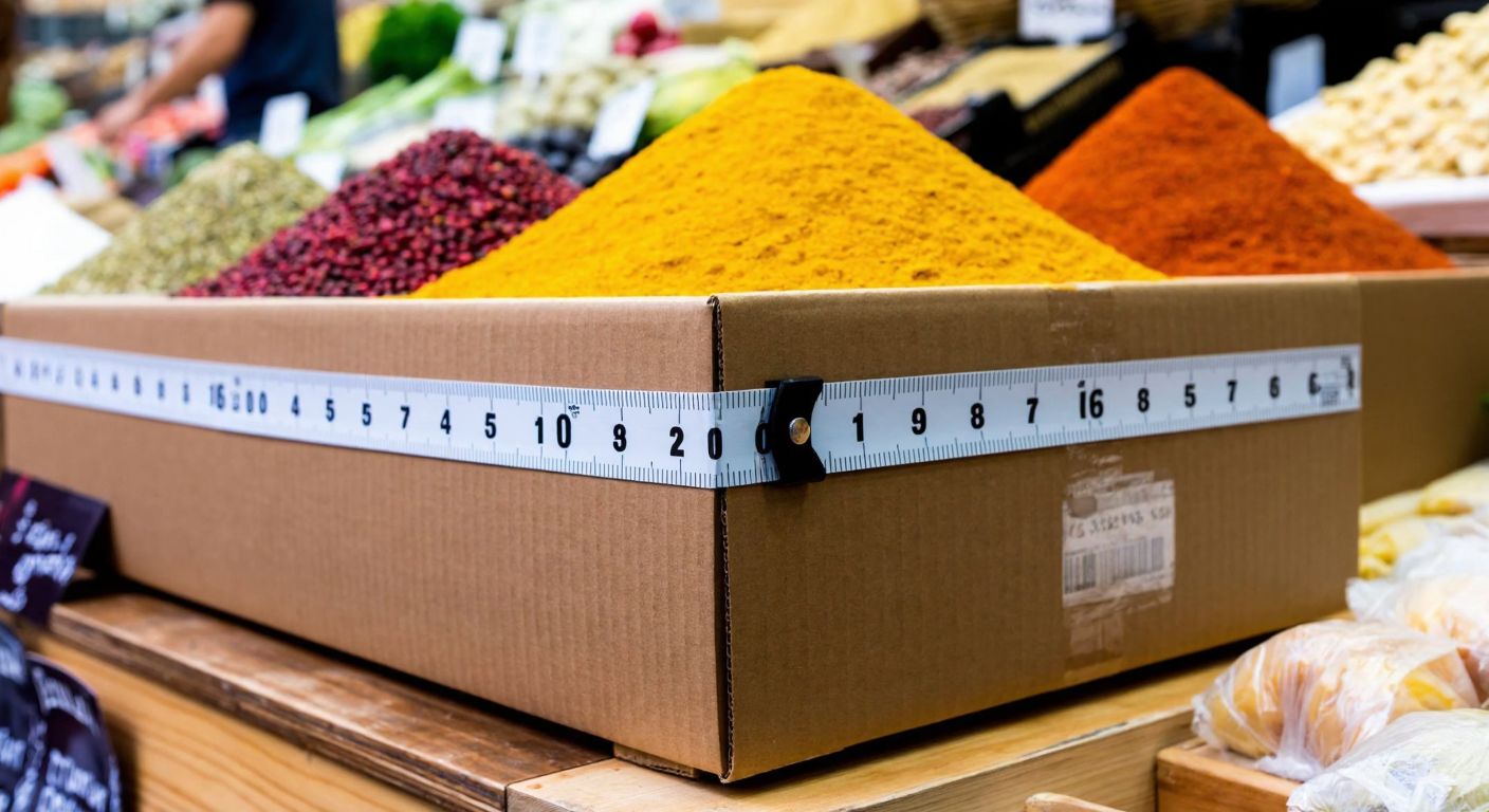 A large cardboard box with a measuring tape stretched across its width, placed on a wooden table in a Turkish market, surrounded by colorful spices and fresh produce.
