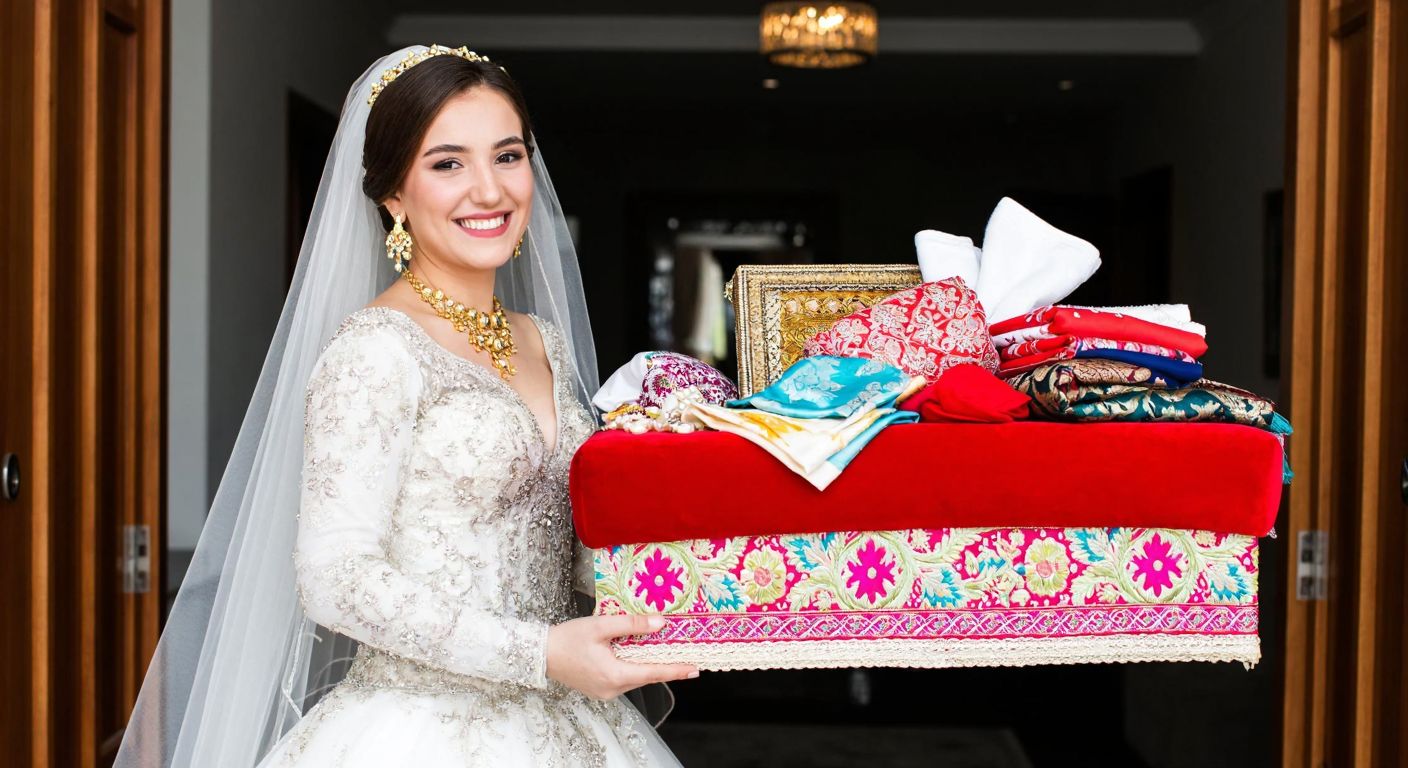 A smiling bride in a traditional Turkish wedding dress holding a beautifully embroidered dowry chest filled with colorful textiles and household items.