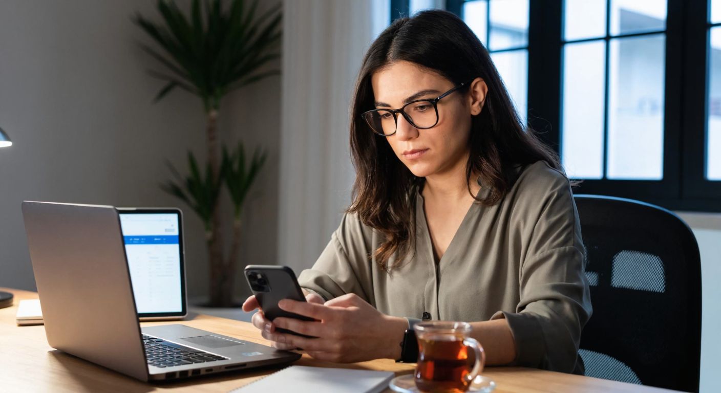 A focused Turkish woman in a modern home office, wearing glasses and a casual blouse, intently tapping her smartphone screen with one hand while a laptop displaying a spreadsheet sits open on the desk beside her, a steaming cup of Turkish tea nearby.