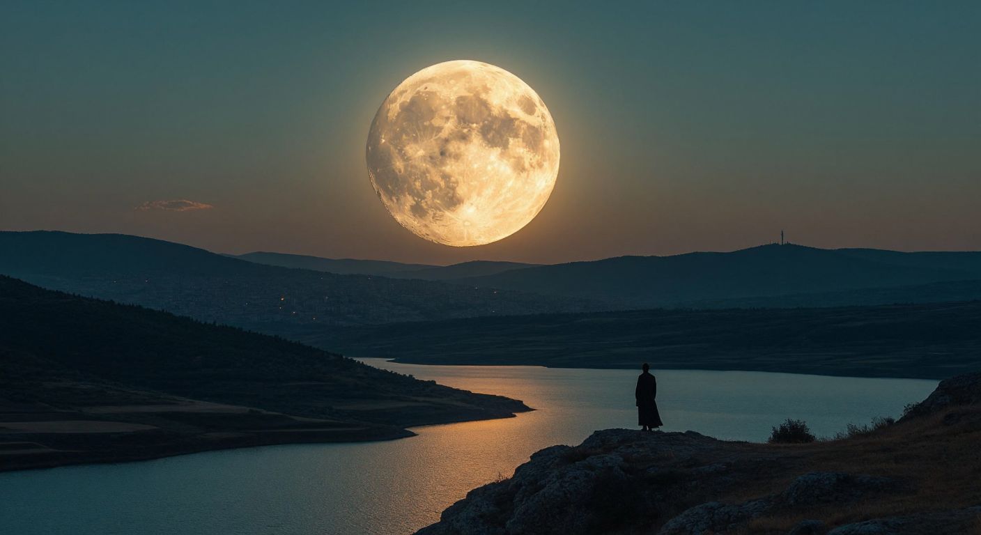 A glowing crescent moon hangs over a tranquil Turkish landscape, with a silhouetted figure gazing upward in wonder as the Earth's shadow subtly curves across the lunar surface.