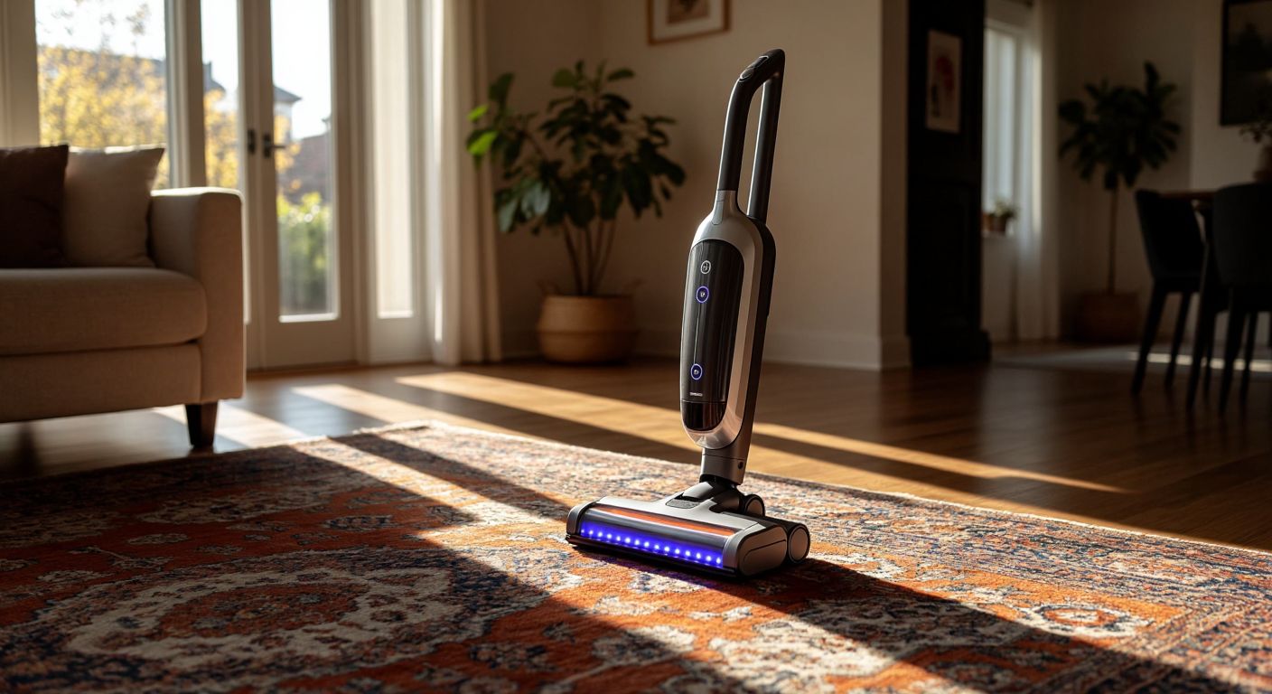 A sleek, modern vertical vacuum cleaner with a dimly lit battery indicator stands motionless on a Turkish rug in a sunlit living room, its power visibly depleted.