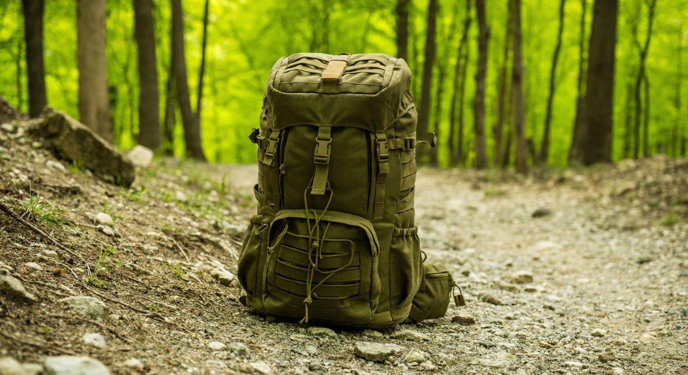 A rugged olive-green Mil-Tec backpack with thick fabric and sturdy stitching sits on a rocky trail in a Turkish forest, surrounded by camping gear, conveying durability and outdoor adventure.