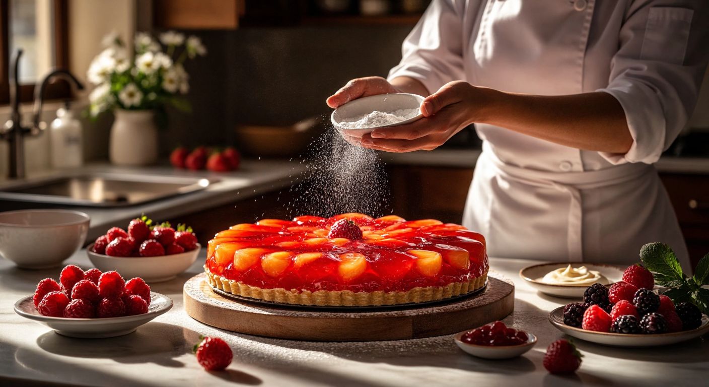 A Turkish pastry chef sprinkling powdered gelatin over a glossy, translucent fruit tart in a sunlit kitchen, surrounded by fresh ingredients like berries and cream.