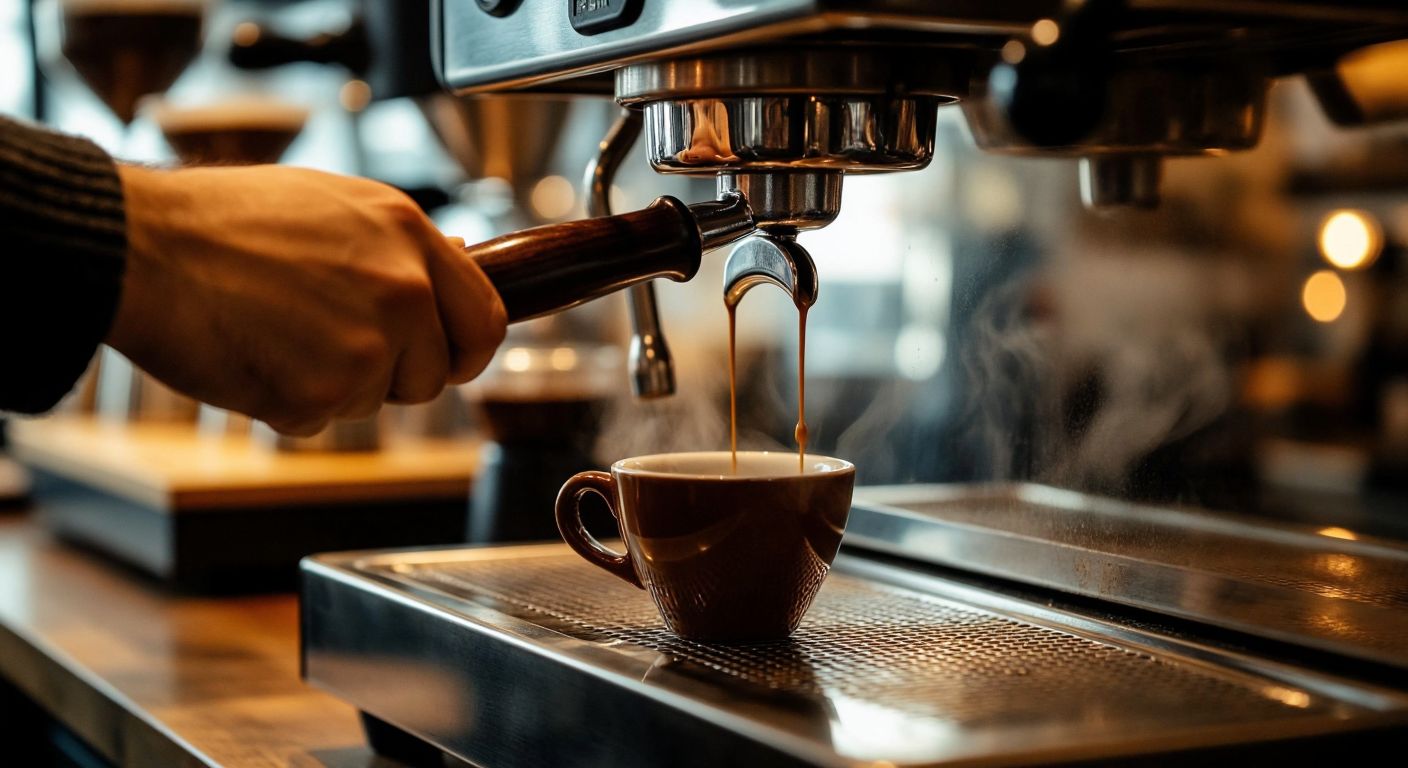 A Turkish barista in a cozy café carefully presses finely ground coffee into a portafilter while steam rises from a polished espresso machine, with a rich, creamy shot of espresso dripping into a small ceramic cup.