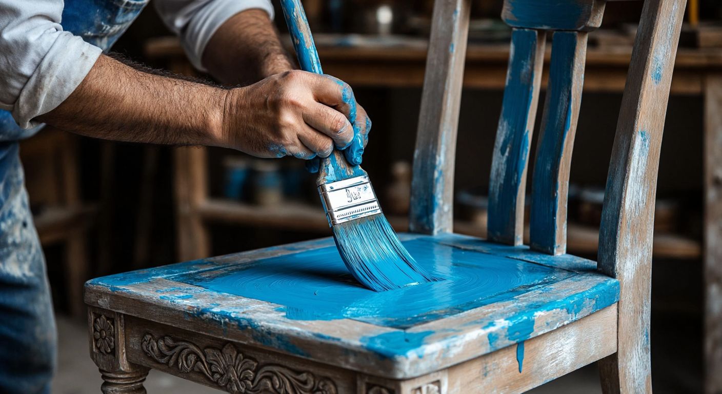 A Turkish craftsman carefully painting a weathered wooden chair with a vibrant blue multisurfaced paint, using a smooth brushstroke on its ornate legs.