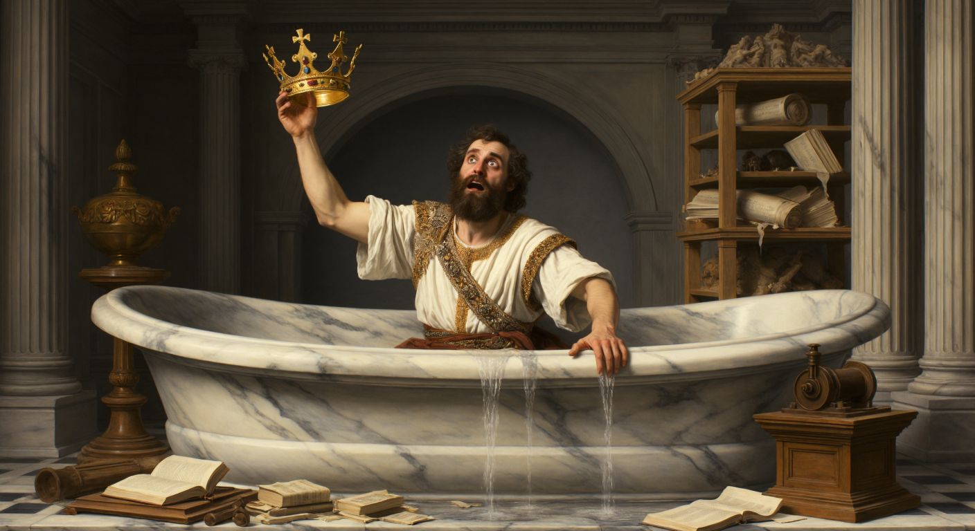 A bearded man in a marble bath, eyes wide with sudden realization, as water spills over the edge while he holds a golden crown aloft, surrounded by scattered scrolls and a wooden model of a screw pump.