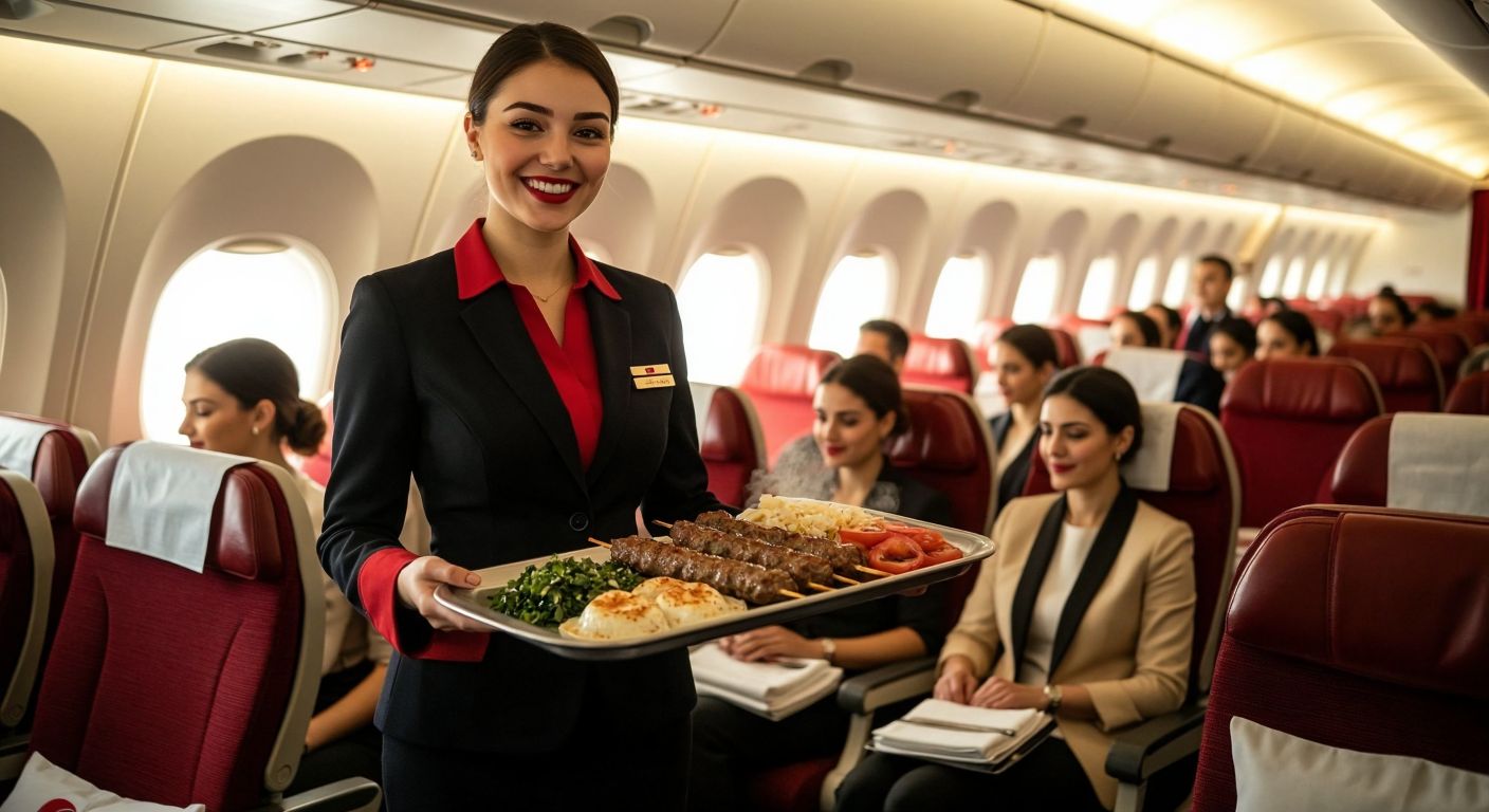 A smiling flight attendant in a Turkish Airlines uniform presents a tray of steaming Adana kebab and fresh mantı to elegantly dressed passengers in a spacious, sunlit airplane cabin.