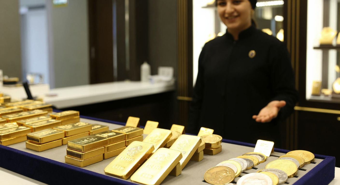 A gleaming display of 24-karat gold bars and coins in various sizes, neatly arranged on a velvet-lined tray inside a well-lit jewelry shop in Turkey, with a smiling shopkeeper in traditional attire gesturing toward them.