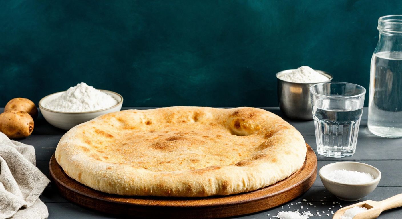 A warm, golden-brown lavaş bread resting on a wooden table, with a bowl of flour, a glass of water, and a small dish of salt beside it, evoking a cozy Turkish kitchen.