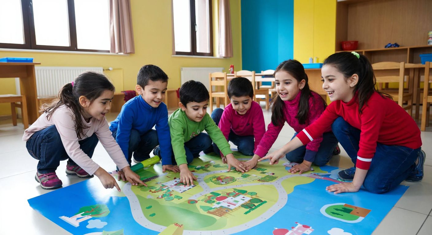 A group of young Turkish children in a colorful classroom, smiling and pointing at a large, simplified illustrated map on the floor, featuring bright geometric shapes and familiar local landmarks like a mosque and a park.