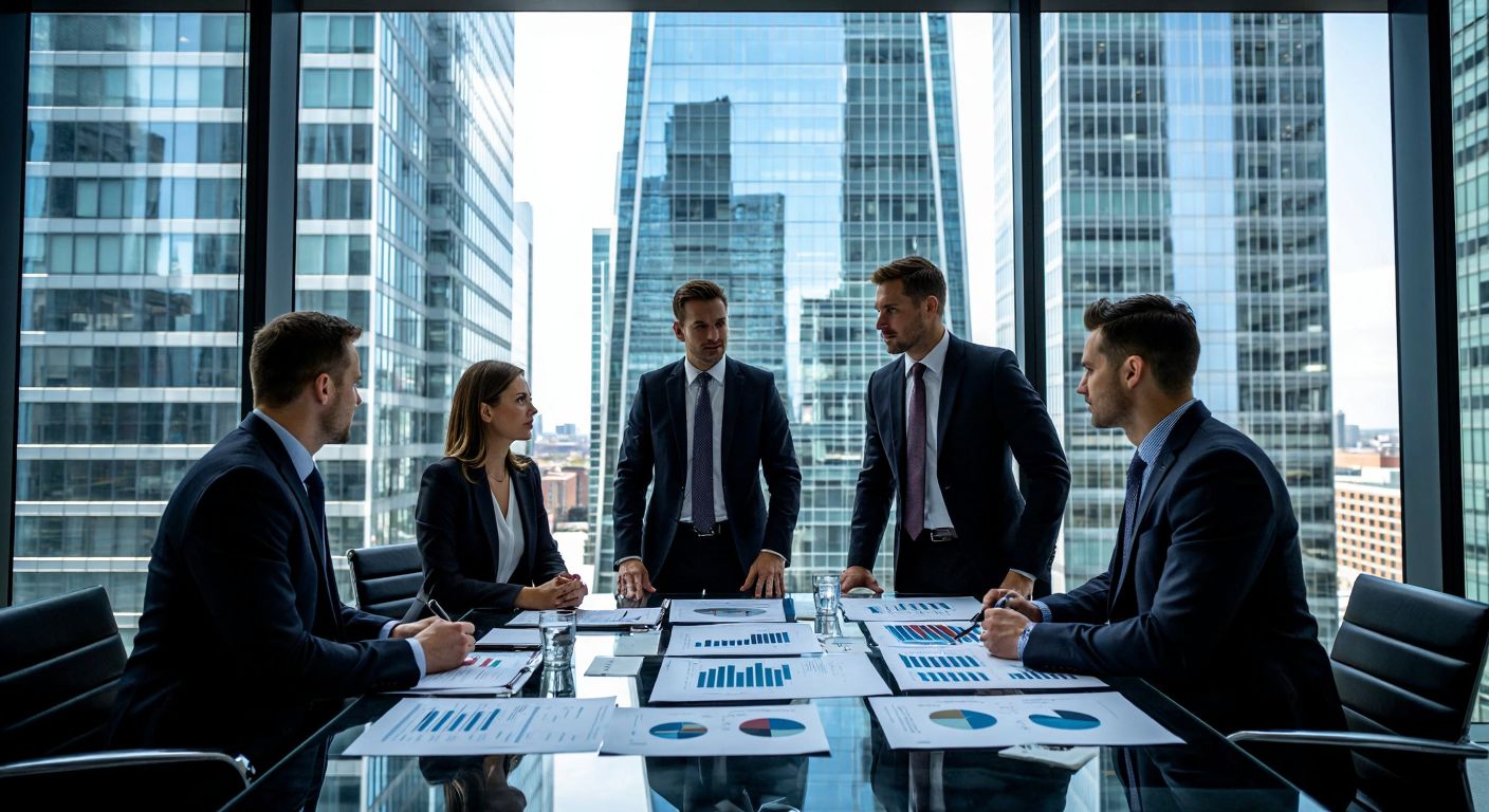A modern glass skyscraper in Boston with a sleek, professional atmosphere, where well-dressed financial advisors in suits discuss investment portfolios with clients over a table covered in charts and graphs.