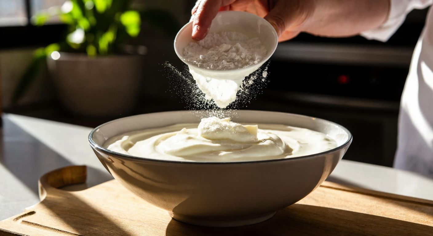 A white powdered substance being sprinkled into a creamy bowl of Turkish yogurt, with a chef’s hand stirring it gently in a sunlit kitchen.