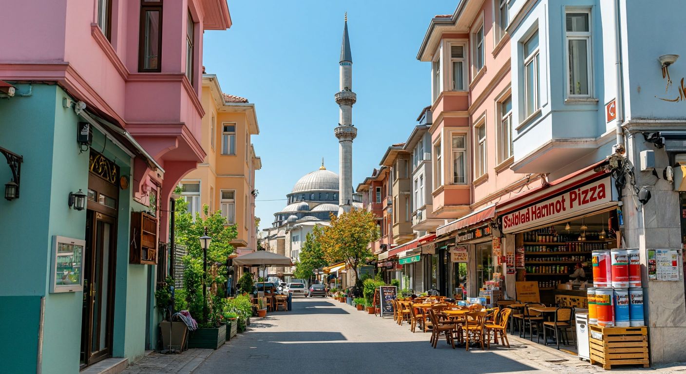 A narrow, sunlit street in Suadiye lined with pastel-colored apartment buildings, a small mosque with a slender minaret in the background, a bustling pizza restaurant with outdoor seating, and a hardware store with paint cans displayed near the entrance.