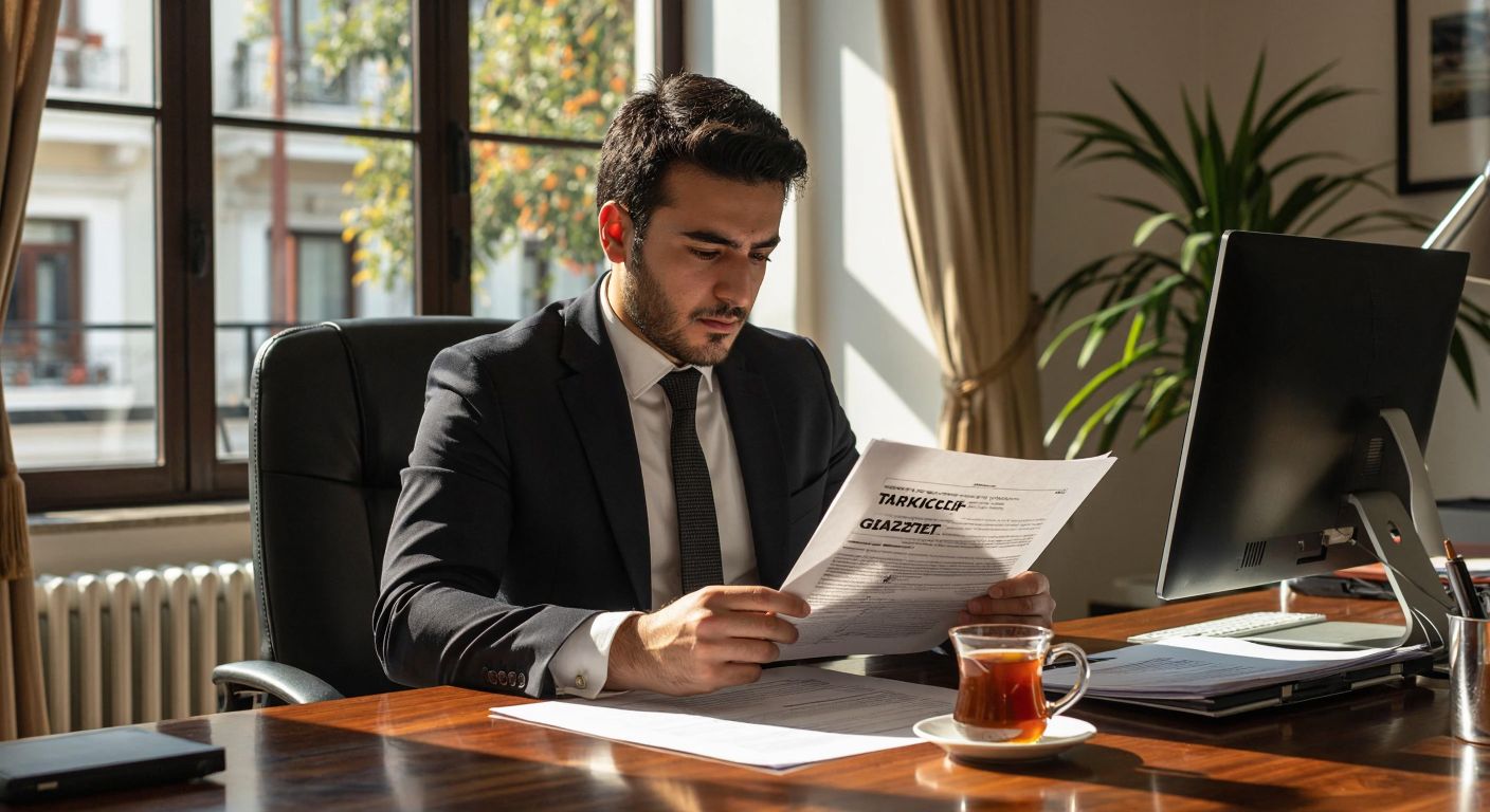A focused Turkish businessman in a formal suit sits at a wooden desk in an office with a desktop computer, holding a printed document labeled "Ticaret Sicil Gazetesi," while sunlight streams through the window onto a steaming cup of Turkish tea.