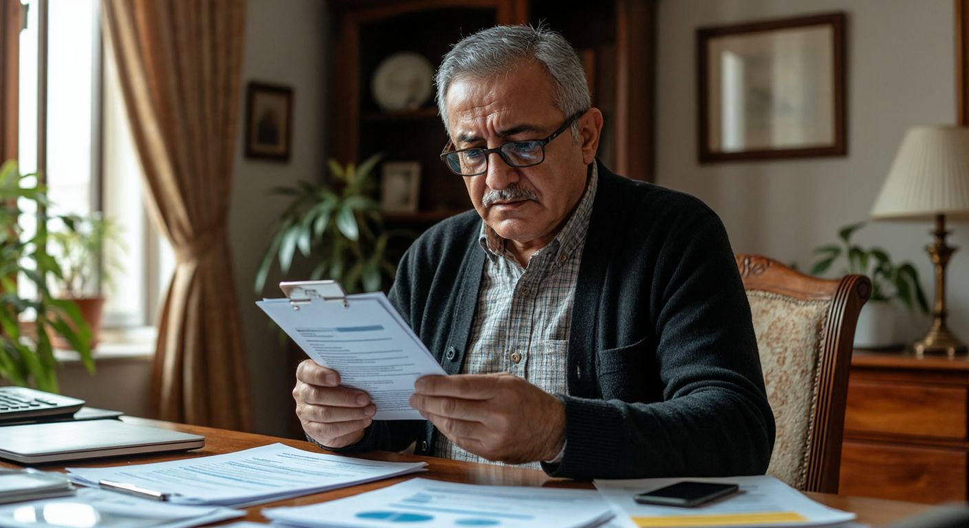 A middle-aged Turkish person in a modest home, holding a rental contract and a smartphone, with a focused expression while navigating an online tax portal on a table cluttered with documents.